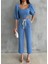 Keten Crop Karpuz Kol Bluz-Pantolon Hasır Kemerli - Mavi 3