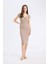 Bodycon Vücudu Saran V Yaka Fitilli Kaşkorse Kısa Kollu Midi Elbise E7368AX25SP 3