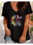 Kadın V Yaka Siyah Baskılı T-Shirt Salaş Rahat Kesim Boyfirend 1