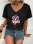 Kadın V Yaka Baskılı Siyah Oversize T-Shirt Salaş Boyfirend 1