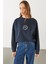 Omzu Düğme Detaylı Nakışlı Sweatshirt - Navy 1