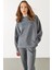 Kadın Bisiklet Yaka Yanı Yırtmaçlı Yumuşak Dokulu Sweatshirt (Cupro) - Antrasit 2