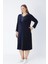 Lacivert Çizgi Desenli Düğmeli Cepli Kadife Büyük Beden Pamuklu Elbise 3