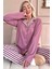 Pudra Çizgi Desenli Bambu Önden Düğmeli Uzun Kol Kadın Pijama Takımı 1