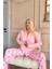 Pembe Kalp Desenli Bambu Önden Düğmeli Uzun Kol Kadın Pijama Takımı 2
