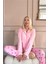 Pembe Kalp Desenli Bambu Önden Düğmeli Uzun Kol Kadın Pijama Takımı 4