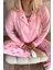 Pembe Kalp Desenli Bambu Önden Düğmeli Uzun Kol Kadın Pijama Takımı 5