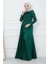Kolları ve Önü Pullu Şifon Detaylı Eteği Pelerinli Saten Abiye Elbise Yeşil 1210 3