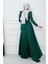 Kolları ve Önü Pullu Şifon Detaylı Eteği Pelerinli Saten Abiye Elbise Yeşil 1210 4