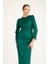 Kolu Tüylü Beli Pile Detaylı Ipek Saten Abiye Elbise Yeşil 4897-E 2