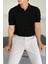 Erkek Siyah Ince Saç Örgülü Slim Fit Polo Yaka Triko T-Shirt 1