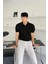 Erkek Siyah Ince Saç Örgülü Slim Fit Polo Yaka Triko T-Shirt 3