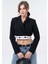 Siyah Garni Detaylı Kruvaze Crop Blazer Dokuma Ceket 5