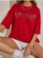 Three Hearts Baskılı Kadın / Kız Oversize Kırmızı Salaş T-Shirt Boyfriend 1