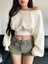 Bol Kesim Dazy Kadın Düz Renk Asimetrik Yaka Uzun Kollu Kırpılmış Sweatshirt 3