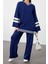 Moda Renk Bloklu Düşük Kol Casual Günlük Indigo Renk Bloklu Çizgili Triko Alt-Üst Takım 1