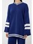 Moda Renk Bloklu Düşük Kol Casual Günlük Indigo Renk Bloklu Çizgili Triko Alt-Üst Takım 3