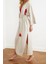 Moda Dokuma Regular Kalıp Uzun V Yaka Standart Kol Keten Karışımlı Kruvaze Etnik Desen Kimono Kaftan 1