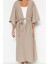 Moda Dokuma Regular Kalıp Midi V Yaka Ispanyol Kol Keten Görünümlü Basic Düz Desen Kimono Kaftan 1