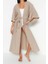 Moda Dokuma Regular Kalıp Midi V Yaka Ispanyol Kol Keten Görünümlü Basic Düz Desen Kimono Kaftan 4