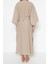 Moda Dokuma Regular Kalıp Midi V Yaka Ispanyol Kol Keten Görünümlü Basic Düz Desen Kimono Kaftan 5
