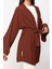 Moda Dokuma Rahat Kalıp Midi V Yaka Düşük Kol Keten Görünümlü Kruvaze Tesettür Giyim Kimono Kaftan 4