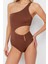 Kadın Moda Atma Kap Omzu Açık Carmen Yaka Kahverengi Tek Omuz Aksesuarlı Regular Mayokini 2