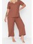 Tarz Rahat Büyük Beden Kısa Kollu Geniş Paça Fitilli Capri Boy Örme Pijama Takımı 1