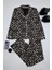 Tarz Rahat Uzun Kollu Boru Paça Bej Pamuklu Leopar Desenli Gömlek-Pantolon Örme Pijama Takımı 1