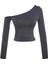 Moda Asimetrik Yaka Örme Slim Düz Desen Casual Günlük Crop Uzun Kol Bluz 1