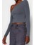 Moda Asimetrik Yaka Örme Slim Düz Desen Casual Günlük Crop Uzun Kol Bluz 3