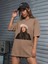 Hat Girl Baskılı Kadın / Kız Oversize Kahverengi T-Shirt 3