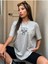 Tenis Raketi Baskılı Kadın Oversize Gri Salas T-Shirt Boyfriend 2