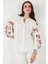 Nakış Işlemeli Pamuklu Oversize Fit V Yaka Gömlek Bayan Gömlek 676253 4