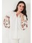 Nakış Işlemeli Pamuklu Oversize Fit V Yaka Gömlek Bayan Gömlek 676253 5
