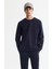 Erkek Lacivert Bisiklet Yaka Pamuklu Baskılı Elastan Sweatshirt A42Y1221 3