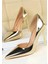 Kadın Altın Gold Nude Rugan Yandan Yırtmaçlı 8cm Ince Şeffaf Kapak Topuklu Stiletto Abiye Ayakkabı 1
