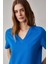 Alıne Kadın Pamuk Derin V Yakalı Comfort Fit Parlament Mavi T-Shirt 4