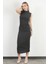 Kadın Dik Yaka Büzgü Detaylı Dokulu Elbise Antrasit - MS0000588 3