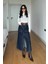 Lacivert Kontrast Dikişli Yırtmaçlı Denim Etek 1