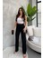 Kadın Siyah Yüksek Bel Fitilli Bol Paça Günlük Ince Eşofman Altı Pijama 4