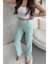 Kadın Su Yeşili Yüksek Bel Fitilli Bol Paça Günlük Ince Eşofman Altı Pijama 4