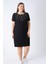 Kadın Siyah Nakış Detaylı Bisiklet Yaka Likralı Büyük Beden Elbise 4