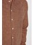 Erkek Slim Fit Dar Kesim Uzun Kollu Keten Premium Seri Düğmeli Yaka Spor Kahverengi Gömlek 4