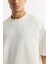 Erkek Ekru Bisiklet Yaka Oversize Aplike Baskı Detaylı 2'İplik T-Shirt A51Y1082 2