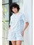 Aydoğan Kadın Beyaz Turkuaz Çizgili Çiçek Desenli %100 Pamuk Şort Pijama Takımı 1