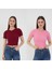 Kadın 2'li Kısa Kollu Fitilli Bisiklet Yaka Pamuklu Örme Kaşkorse Crop T-Shirt Bluz 1