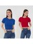 Kadın 2'li Kısa Kollu Fitilli Bisiklet Yaka Pamuklu Örme Kaşkorse Crop T-Shirt Bluz 1