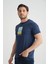 Açık Lacivert Erkek Tişört %100 Pamuk Minimalist Tasarım Regular Kalıp Baskılı 4