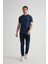 Esnek Pamuklu Standart Kalıp Minimal Logolu Erkek Açık Lacivert T-Shirt 2